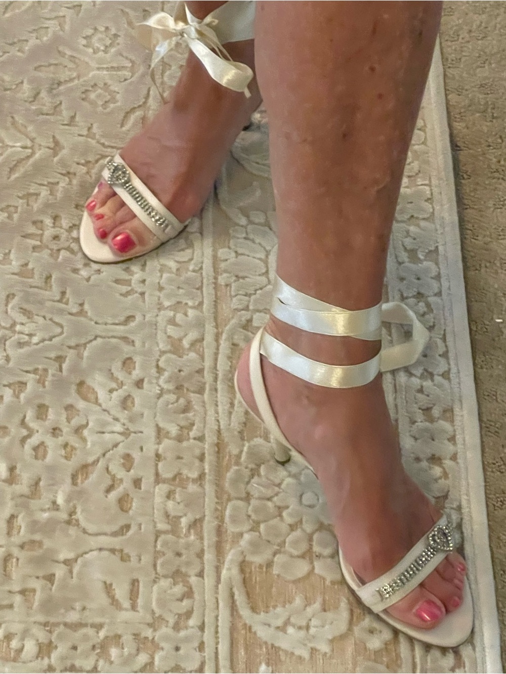Nina Ivory Satin Rhinestone Ankle-Tie Heels